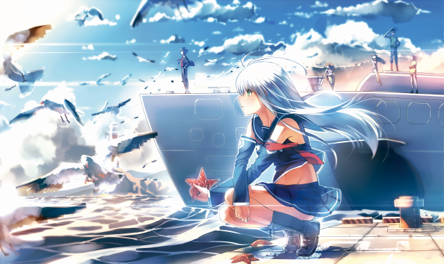 Girl boat ocean birds man free wallpaper for desktop - medium preview image