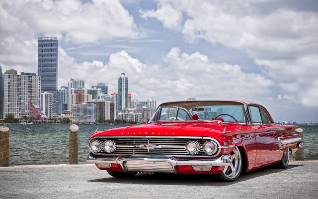 Red car city skyline lake free wallpaper for desktop - medium preview image