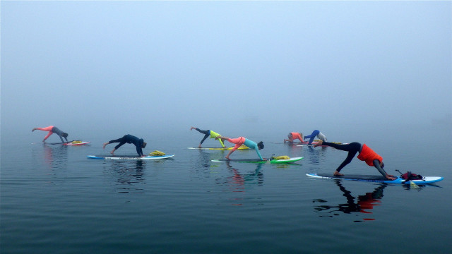 Surf yoga group foggy ocean free wallpaper for desktop - medium preview image