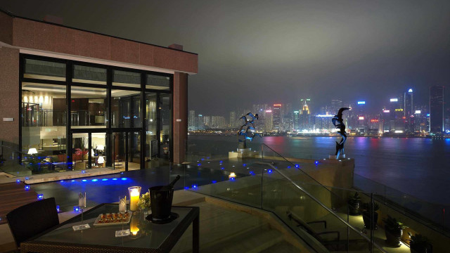 Balcony city night water buildings free wallpaper for desktop - medium preview image