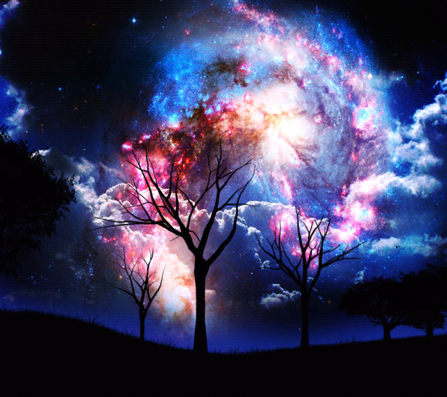 Spiral galaxy trees blue sky free wallpaper for tablet - medium preview image