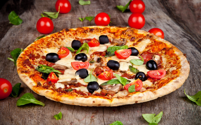 Pizza olives tomatoes wooden table free wallpaper for desktop - medium preview image