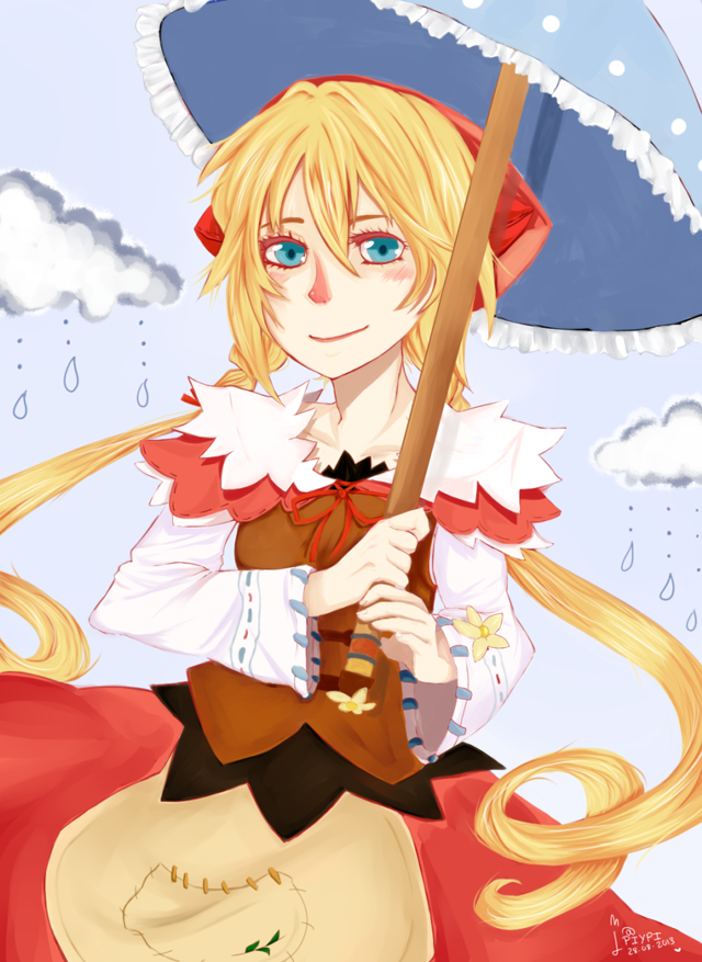 Cartoon girl blue umbrella red free wallpaper for mobile - medium preview image