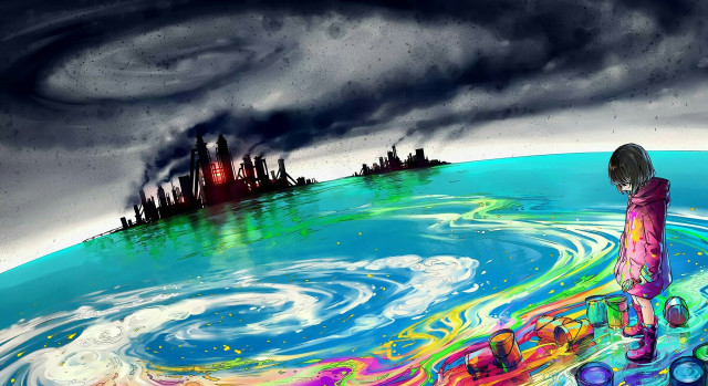 Person standing water city storm free wallpaper for desktop - medium preview image