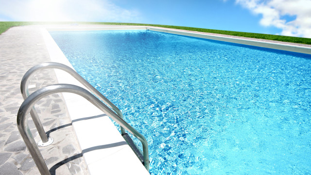 Pool metal railing grassy area free wallpaper for desktop - medium preview image