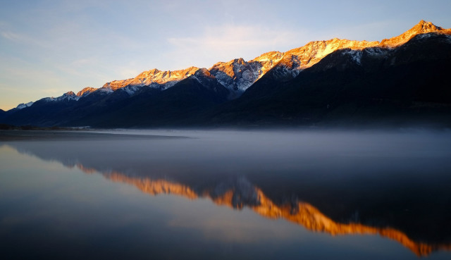 Mountain range lake clouds orange free wallpaper for desktop - medium preview image