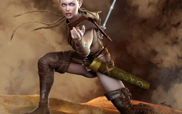 Steampunk woman sword holding outfit free wallpaper for desktop - medium preview image