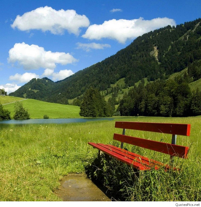 Red bench grass lake mountains free wallpaper for tablet - medium preview image