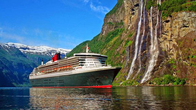 Cruise ship waterfall mountains man free wallpaper for desktop - medium preview image