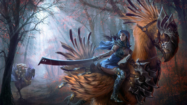 Woman horse forest bird sword free wallpaper for desktop - medium preview image