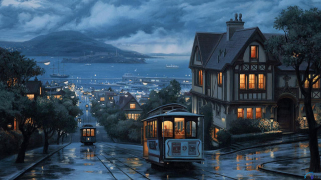 Trolley car rainy night city #2 free wallpaper for desktop - medium preview image