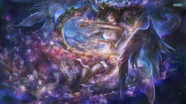 Woman wings harp painting artistic free wallpaper for desktop - medium preview image
