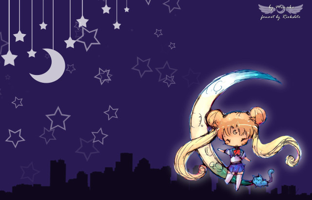 Cartoon girl crescent moon stars free wallpaper for desktop - medium preview image