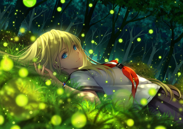 Girl laying grass fireflies forest free wallpaper for desktop - medium preview image