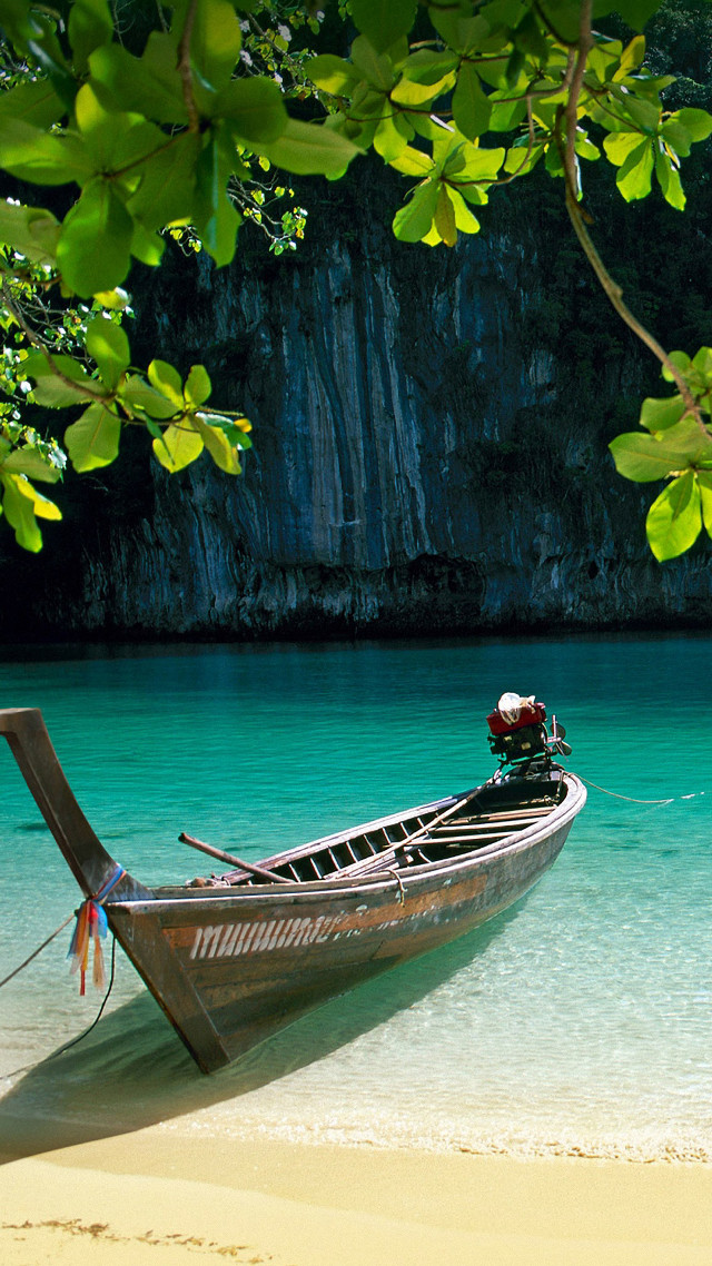 Boat beach water trees background #2 free wallpaper for mobile - medium preview image