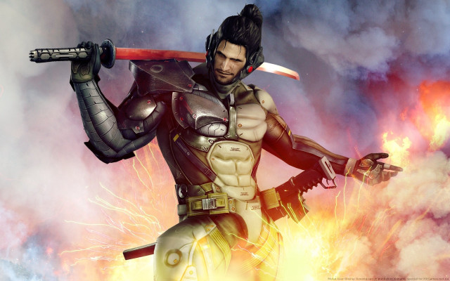 Futuristic man suit sword fire free wallpaper for desktop - medium preview image