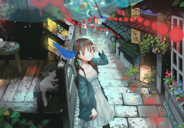 Girl rain umbrella cat sitting free wallpaper for desktop - medium preview image