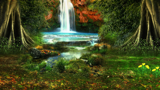 Waterfall forest flowers trees stream free wallpaper for desktop - medium preview image