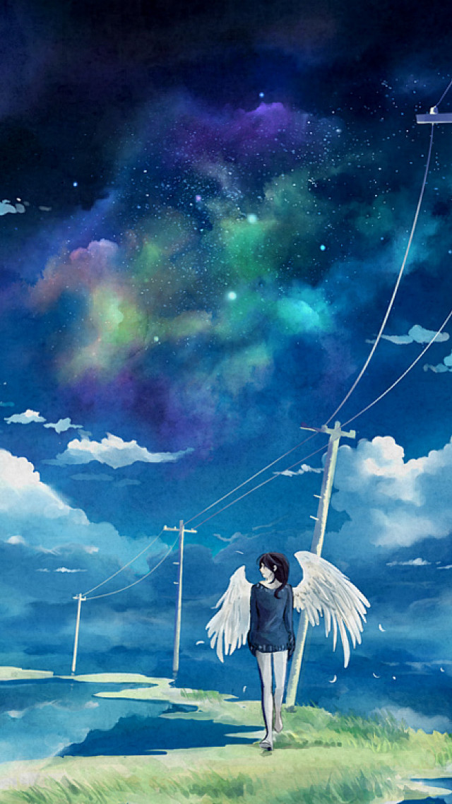 Woman hill angel wings stars free wallpaper for mobile - medium preview image