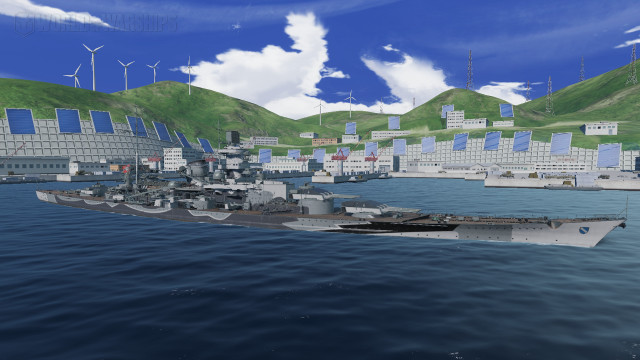 Battleship ocean city windmills background free wallpaper for desktop - medium preview image