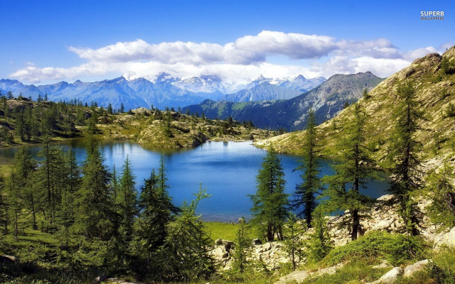 Lake mountains forest blue sky free wallpaper for desktop - medium preview image