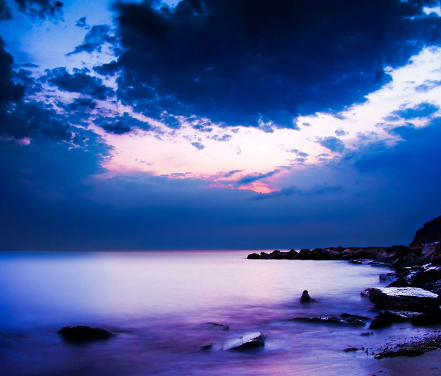 Sunset ocean boat long exposure free wallpaper for desktop - medium preview image