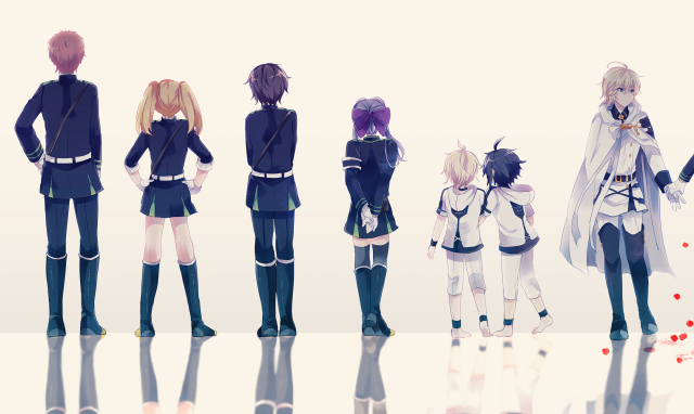 Anime characters standing line backs free wallpaper for desktop - medium preview image