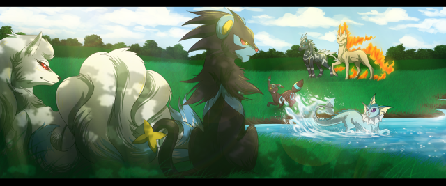 Animals lake grass trees waterfall free wallpaper for desktop - medium preview image