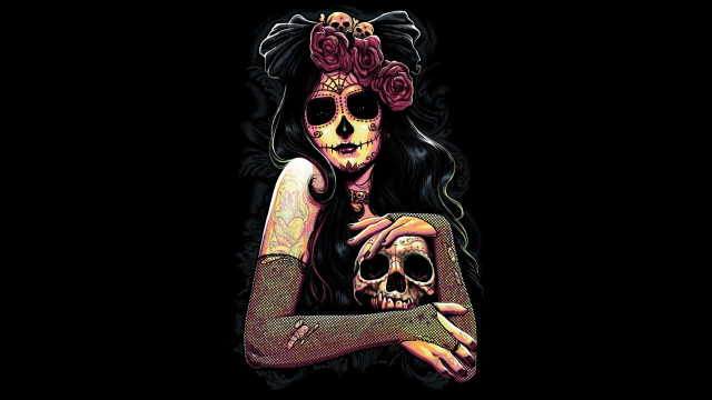 Woman skull roses head holding free wallpaper for desktop - medium preview image