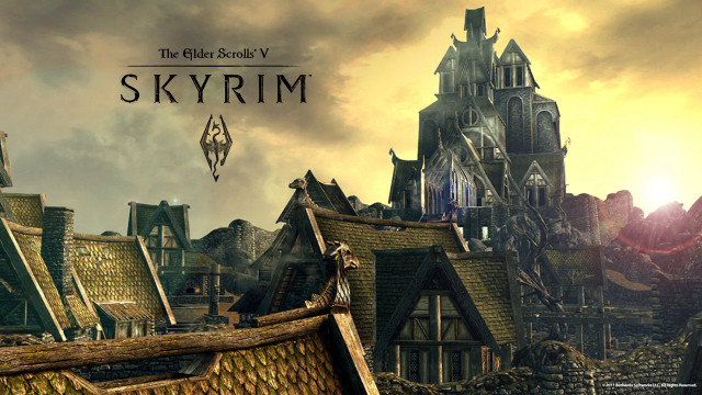 Skyrim logo cityscape gothic architecture free wallpaper for desktop - medium preview image