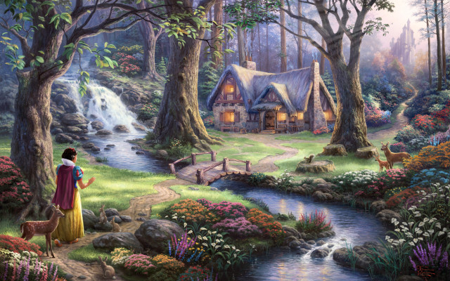 Woman dog house woods stream free wallpaper for desktop - medium preview image