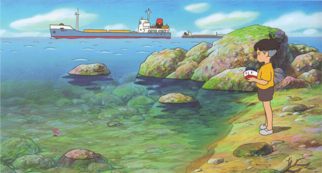 Cartoon girl rocky shore ship free wallpaper for desktop - medium preview image