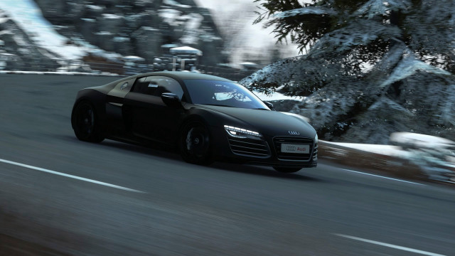 Black car driving forest snowy free wallpaper for desktop - medium preview image