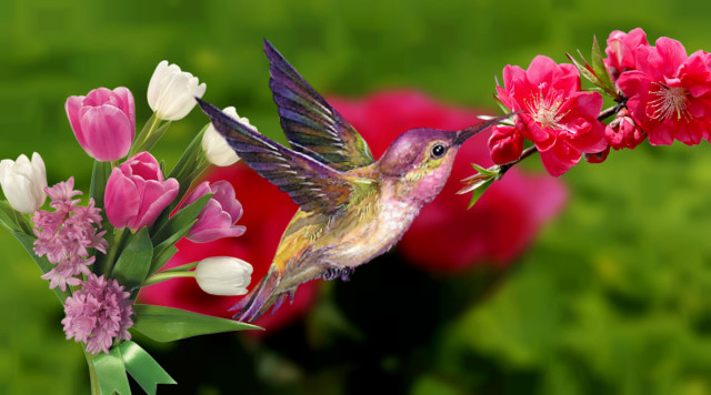 Hummingbird hovering flowers field vase free wallpaper for desktop - medium preview image