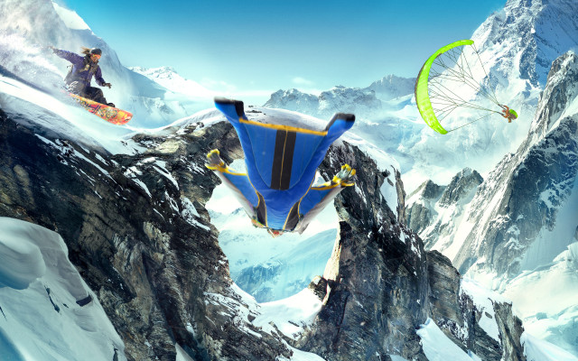 Man flying snowboard mountain parachute free wallpaper for desktop - medium preview image