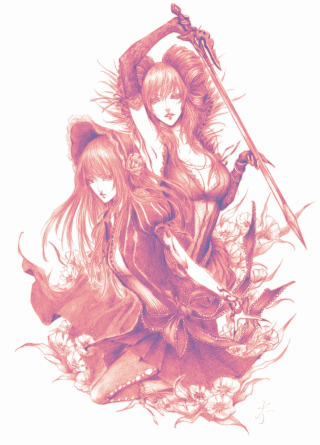 Women swords flowers drawing white free wallpaper for mobile - medium preview image