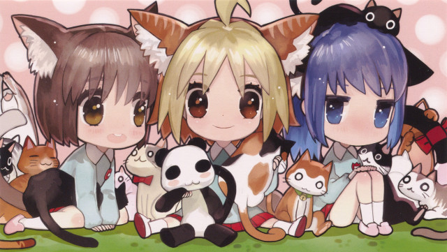 Anime characters grass field cats free wallpaper for desktop - medium preview image