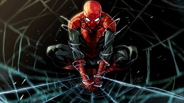 Spider man sitting web dark free wallpaper for desktop - medium preview image