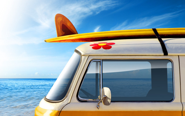 Van beach surfboard roof window free wallpaper for desktop - medium preview image