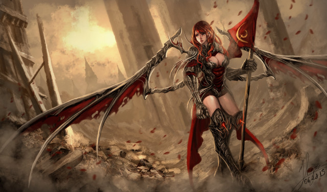 Woman red costume sword flag free wallpaper for desktop - medium preview image