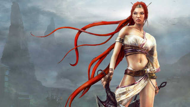 Woman red hair horns sword free wallpaper for desktop - medium preview image