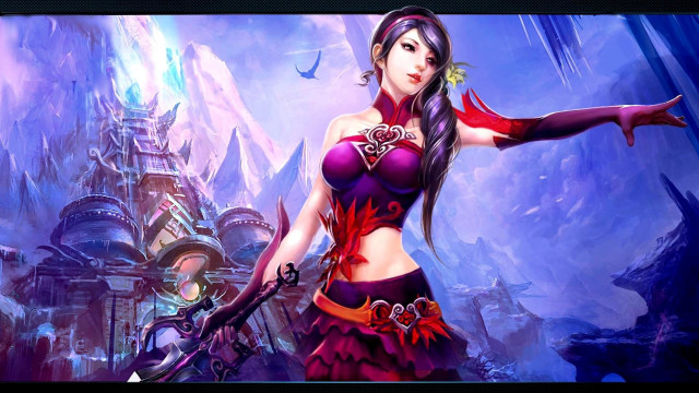 Woman purple outfit sword castle free wallpaper for desktop - medium preview image