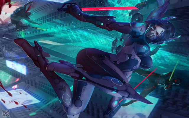 Futuristic woman sword city setting free wallpaper for desktop - medium preview image