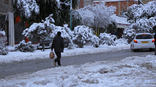 Man walking snow luggage bag free wallpaper for desktop - medium preview image