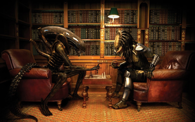 Alien men library chairs bookshelves free wallpaper for desktop - medium preview image