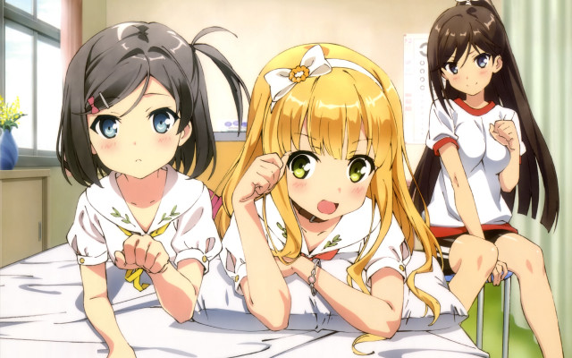 Three girls sitting bed room #2 free wallpaper for desktop - medium preview image