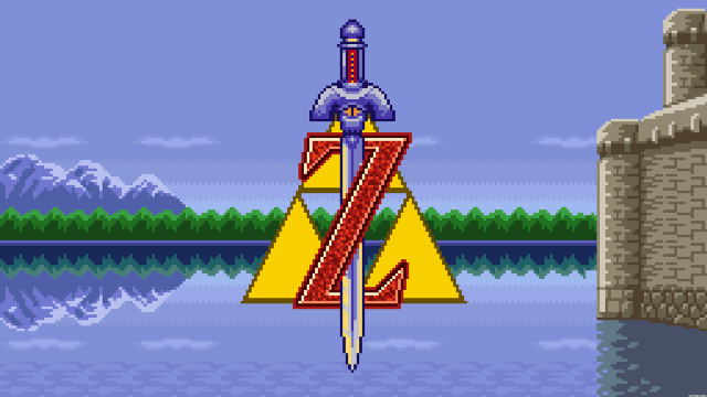 Pixel art sword tower lake free wallpaper for desktop - medium preview image