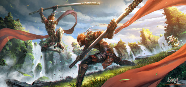 Fighting waterfall sword painting artwork free wallpaper for desktop - medium preview image