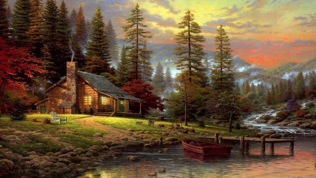 Cabin lake boat mountain painting #2 free wallpaper for desktop - medium preview image