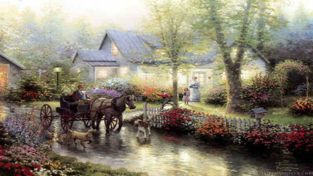 Horse drawn carriage garden flowers free wallpaper for desktop - medium preview image